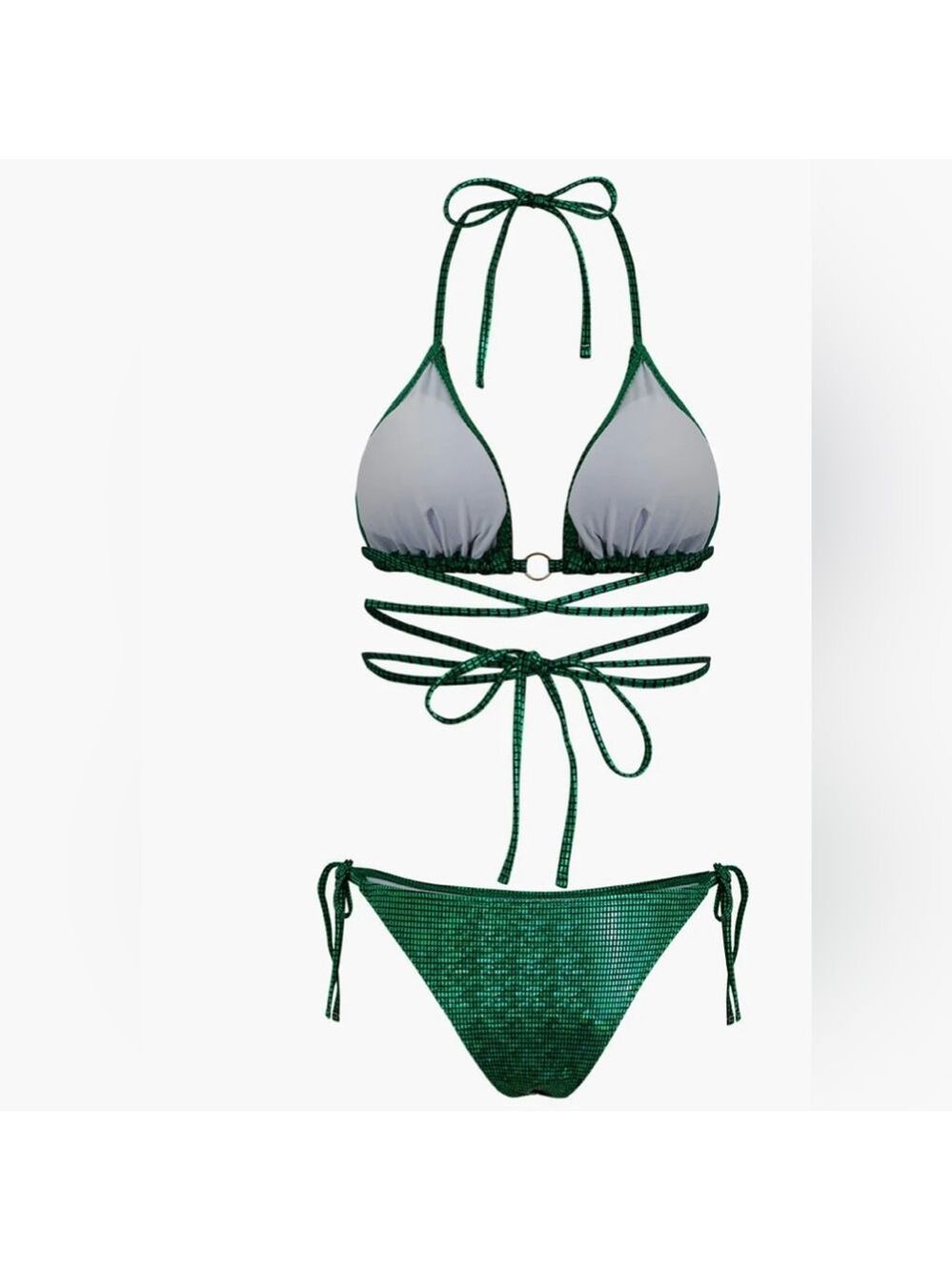 Green Metallic Halter Pearl Detail Bikini Set - Picture 8 of 10